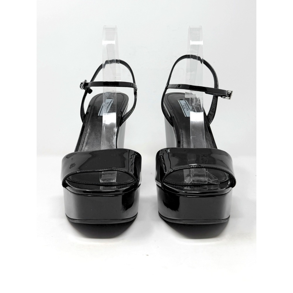 Prada Black Patent Leather Platform Wedge Sandals Size 41 Ankle Strap Heels - Picture 4 of 9
